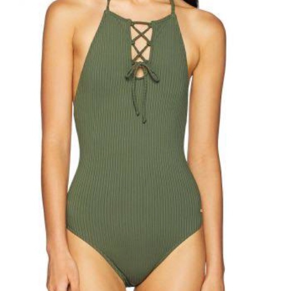 ROXY Green Lace-Up Open-Back One-Piece